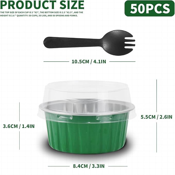 St. Patrick's Day 50Pcs Mini Aluminum Foil Cupcake Baking Cups,5oz Cake Pans Disposable,Mini Loaf Pans with Lids,Disposable Ramekins,Tin Cups Containers for Cupcake,Pudding,Muffin(50, Green)