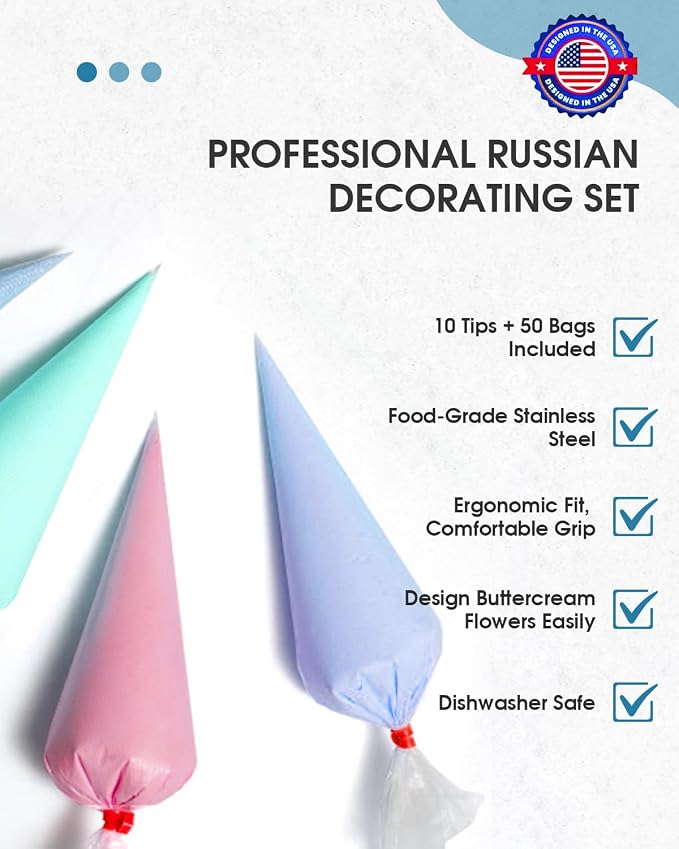 60Pcs Extra Large Russian Piping Tips Set,10 Flower Nozzles Baking, Stainless Steel Rose Floral Piping Nozzles, Nozzle for Cake Decorating for Buttercream Flowers, Cake Decorating Supplies for Wedding