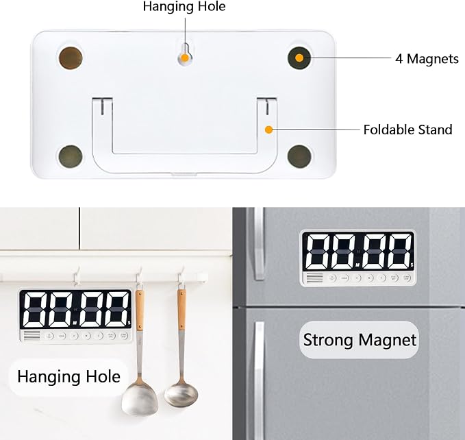 Digital Kitchen Timer with 7.1” Extra Large Display, Rechargeable Magnetic LED Countdown/Up Memory Timer with 6 Alarms & 4 Volume Levels for Cooking, Classroom, Office, Home Gym (White)