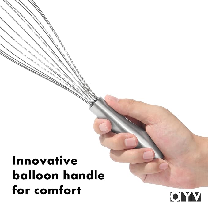 OYV 12" Whisk for Cooking, Ergonomic Handle, Dishwasher Safe 18/10 Stainless Steel Whisk, Professional Kitchen Wire Whisk, Perfect for Blending, Whisking, Baking, and Beating