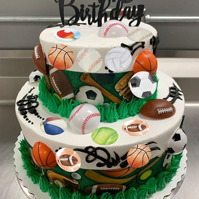 48PCS Edible Sports Cupcake Toppers Edible Basketball Soccer Baseball Tennis Rugby Cake Decorations for Sports Ball Game Theme Baby Shower Birthday Party Cake Decorations Supplies