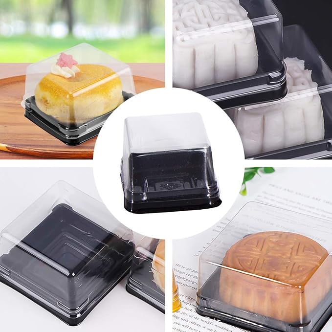 100 Pcs Mini Cake Containers with Lids, 2.75" Square Mooncake Box for 50g Pastry, Clear Plastic Individual Cupcake Holder for Muffin, Egg-Yolk Puff, Dessert Display (Black)