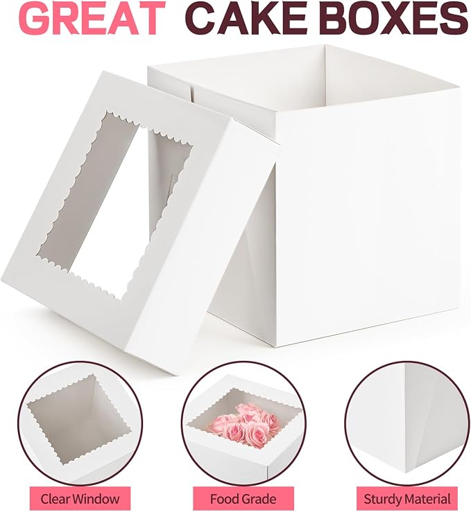 ZORRITA 4 Pack Cake Boxes, 8 x 8 x 8 Inches Tall Bakery Box with Window and Stickers, Disposable Cake Containers for Wedding, Birthday, Party