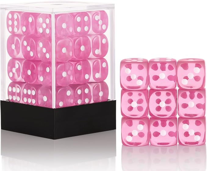 36 of Pack 12MM 6 Sided MINI Dice Set,Translucent Colors Game Dice Set, 6 Sided Standard Colored Dices for Tenzi, Farkle, Yahtzee, Bunco or Teaching Math, with Portable Plastic Box(Pink)