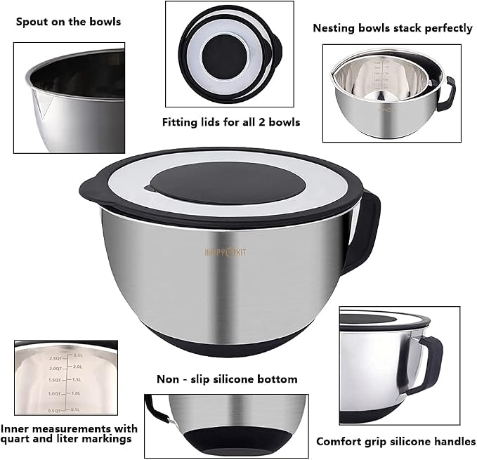 HAPPY KIT 18/8 Mixing Bowls With Lids Set of 2,Stainless Steel Mixing Bowl With Pour Spout, Non-slip Handle and Bottoms, 3 Grater Attachments, Measurement Marks & Lid, Size 5, 3QT(Black)