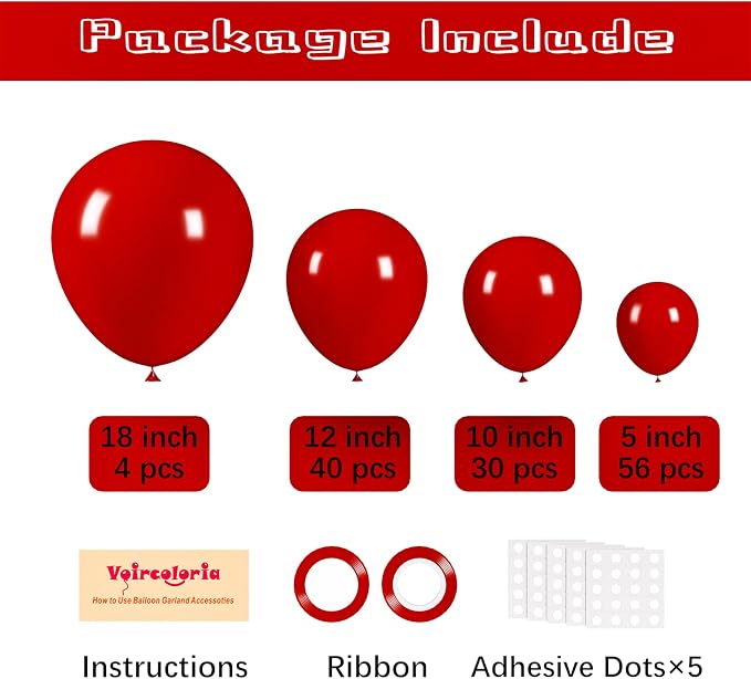 Voircoloria 130pcs Ruby Red Balloons Different Sizes 18" 12" 10" 5" Dark Red Latex Balloon Garland Arch Kit for Birthday Baby Shower Graduation Wedding Valentine's Day Christmas Party Decorations