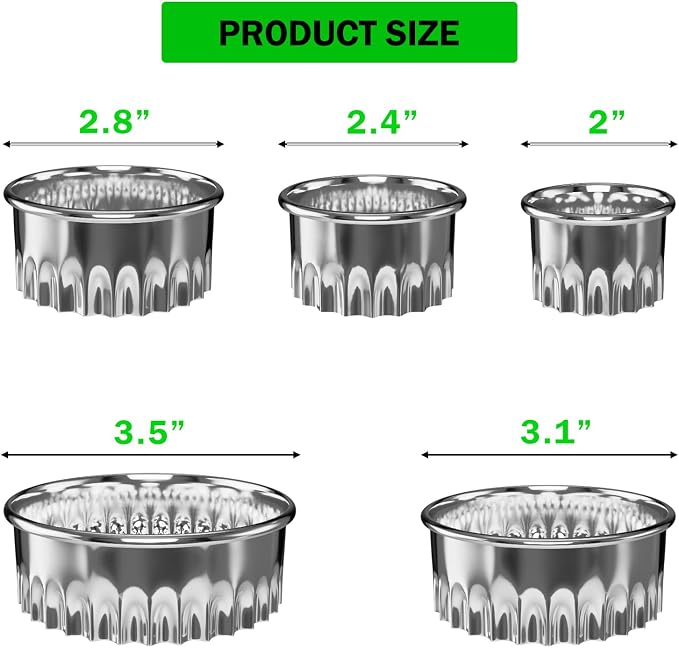 Fluted Round Cookie Cutter (2”, 2.4”,2.8”, 3.1”, 3.5”), Scalloped Biscuit and Circle Crinkle Cracker Cutters Set, Heavy Duty, Food-Grade Stainless Steel