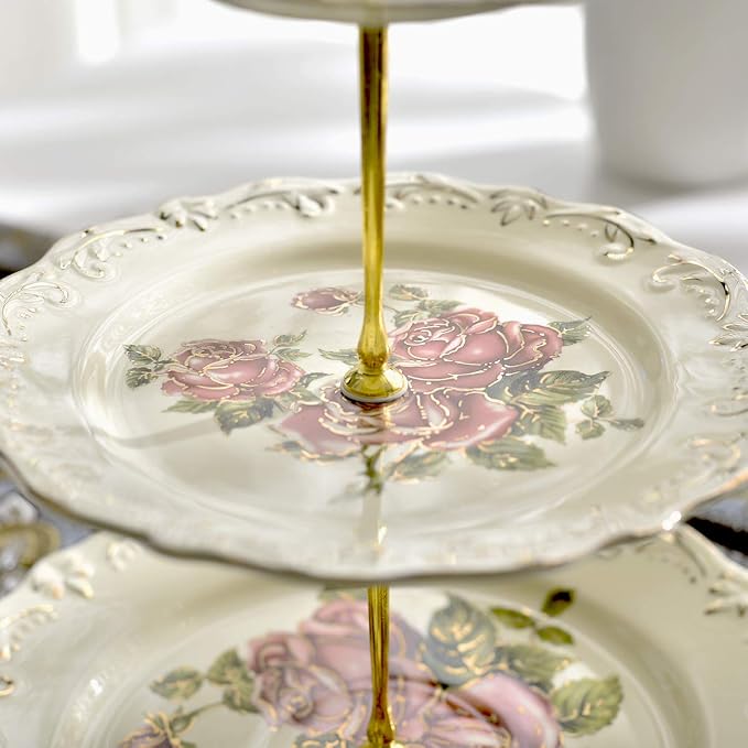 YOLIFE Pink Rose Pattern 3 Tiered CupCake Stand, Emboss Golden Leaves Edge Porcelain 3 Tier Pastry Desert Fruit Stand