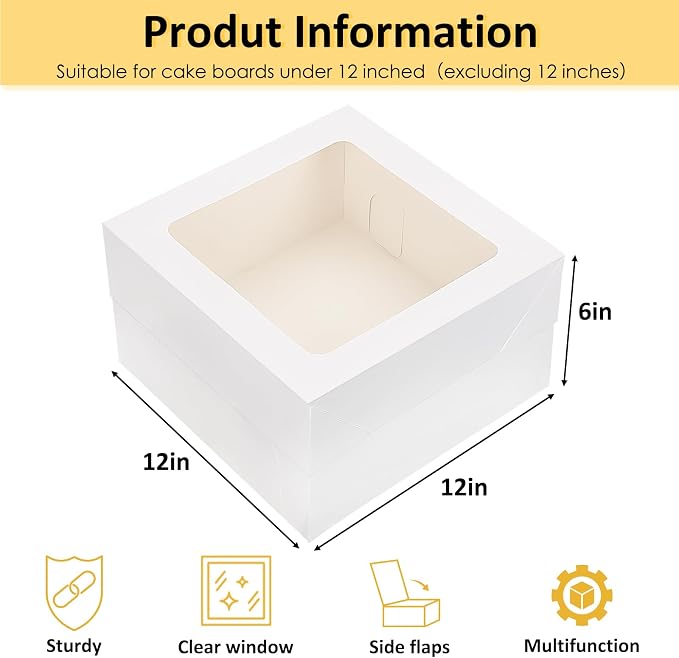 Moretoes 30pcs Cake Boxes, 12x12x6 Inch Square Bakery Boxes with Window Cajas Pasteles for Valentine's Day, Mother's Day, Pastries, Chocolates, Cookies, Pie, Birthday Party, Wedding, Easter