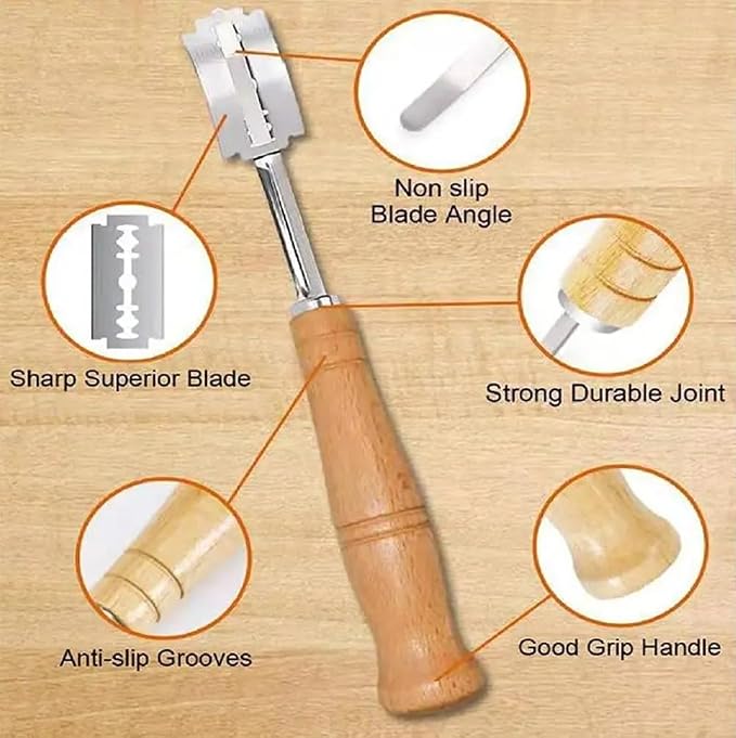 Danish Dough Whisk with Dough Scraper Bread Lame with 5 Blades and Leather Cover 13" Dutch Bread Whisk Bread Mixer Stainless Steel Dutch Bread Dough Whisk Hand Mixer for Sourdough, Pizza, Pastry, Cake