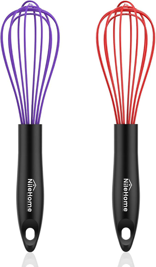 NileHome Silicone Whisk Set 10", 2 Pack Kitchen Whisk Kitchen Wisk Wire Whisks for Cooking, Whisking, Blending, Beating, Stirring-Purple Red