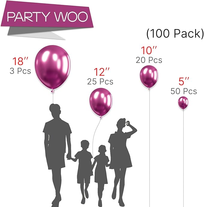 PartyWoo Metallic Hot Pink Balloons 100pcs Different Sizes of 18 12 10 5 Inch Chorme Dark Pink Magenta Fuchsia Balloon Arch Kit Garland for Wedding Birthday Baby Shower Party Decorations Pink-G114