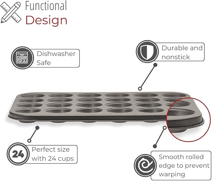 husMait Mini Muffin Pan 24 cup, Set of 2 - Non-Stick Carbon Steel Mini Cupcake Pan Multipack - Heavy Duty 48 Cavity Metal Baking Tray, Warp-Resistant, PFOA Free