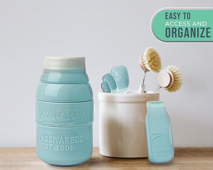 Comfify Aqua Blue Mason Jar Measuring Set – 4 Cups, 4 Spoons, Spoon Rest | Aqua Blue; ceramic; 9-piece set; 4 measuring cups + 4 measuring spoons + spoon rest; mason jar design; hand wash only