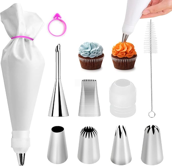 10-Piece Reusable Piping Bags and Tips Set, Cake Decorating Kit for Cakes, Cupcakes, Cookies, and Desserts, Includes 16 Inch Pastry Bags, 6 Frosting Tips, Couplers, Silicone Cable Ties, Cleaning Brush