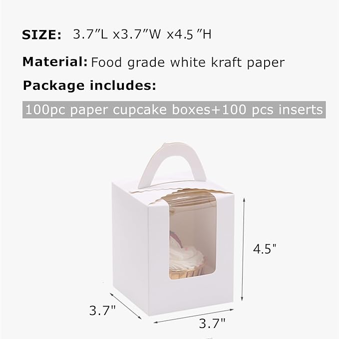 100 Pack Single Cupcake Boxes with Window, White Individual Cupcake Containers with Handle, 3.7x3.7x4.5 Inch Kraft Paper Favor Bakery Container for Small Cake, Muffins, Birthday, Wedding