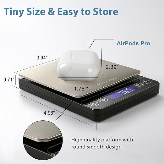 KitchenTour Digital Kitchen Gram Scale - 3000g/0.1g - High Accuracy Precision Food Scale with 9 Units(g/oz/ml/lb/lb:oz/gn/ozt/DWT/ct) - Meat Scale with Back-Lit LCD Display(Batteries Included)