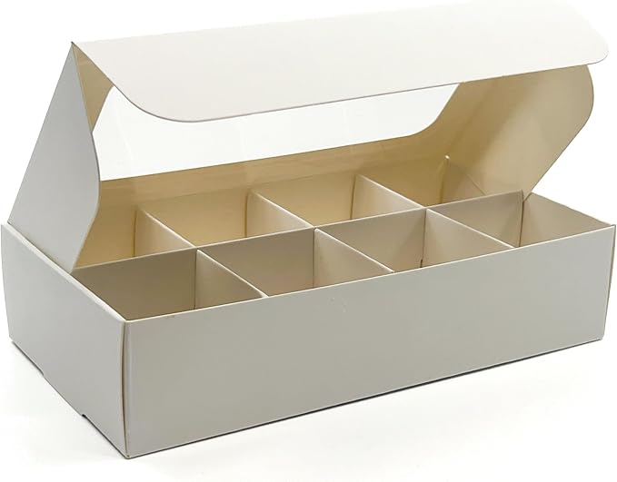 20pcs White Treat Boxes with Window and Dividers | 8 X-SMALL compartments | 6.75 x 3.5 x 1.57 in | Empty candy boxes for gift giving, truffle box - perfect for Valentine's Day