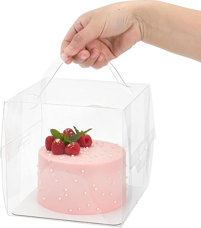 Lawei 50 Pack Clear Cake Boxes with Handles, 6x6x6 Inch Square Transparent Bakery Box for 4-5 Inch Mini Cakes, Pastries, Donut, Treat Boxes, Gift Packaging Display Box for Wedding, Birthday, Party