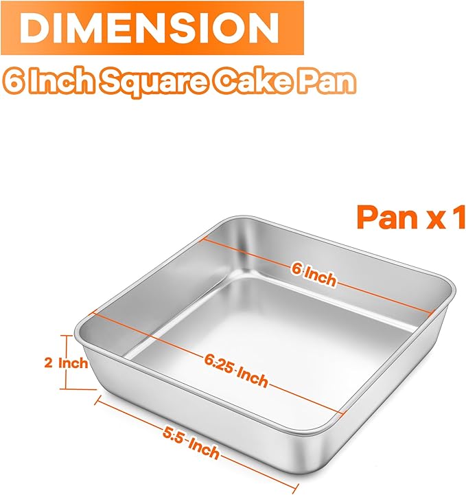 TeamFar Square Cake Pan 6 Inch, Stainless Steel Mini Square Baking Pan for Cake Brownie, Healthy & Sturdy, One Piece Design & Smooth Edge, Dishwasher Safe & Easy Clean