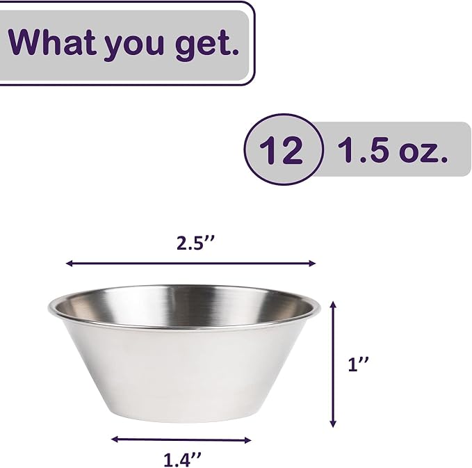 Nechtik Small Sauce Cups, Stainless Steel Ramekin Dipping Sauce Cup, Commercial Grade Individual Round Condiment cups (12, 1.5 oz.)