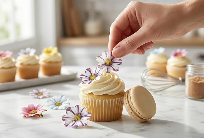 Set of 48 Edible Mini Flower Cupcake Toppers Wedding Cake Birthday Party Food Decoration Mixed Size & Colour