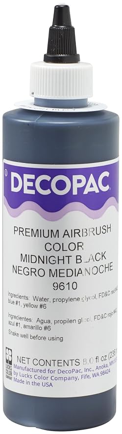 DecoPac Midnight Black Food Coloring, 8 Fl Oz Airbrush Food Color, Edible Airbrush For Cake Decorating, Cookie Airbrush Coloring, Food Airbrush Kit Add-on, Airbrushes For Cake Decorating 8Fl Oz