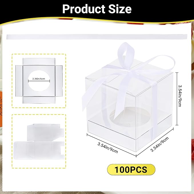 EUSOAR Clear Cupcake Boxes Individual, 100 Pcs 3.5 Inch Silver Transparent Dessert Pastry Muffin Cupcake Containers with Ribbon, Muffins Gift Holder Mini Cake Carrier for Wedding Party Favor Bakery