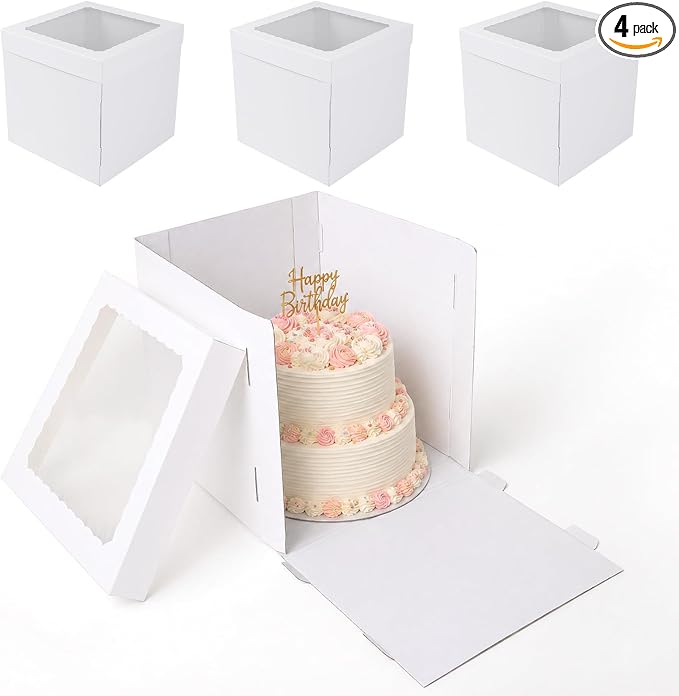 JCD 12x12x12 Corrugated Tall Cake Boxes for 10in Multi Layer Cakes with Clear Window