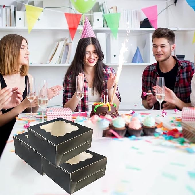 Generic 50Pcs (6x6x3 in) Mini Cake Boxes+3 stickers with Display Window for Gift Giving, Bakesale, Cupcakes, Dessert, Cookies, Pie, Macaroons, Donuts, Pastry, Kraft Paper Material… (50Pcs Black)