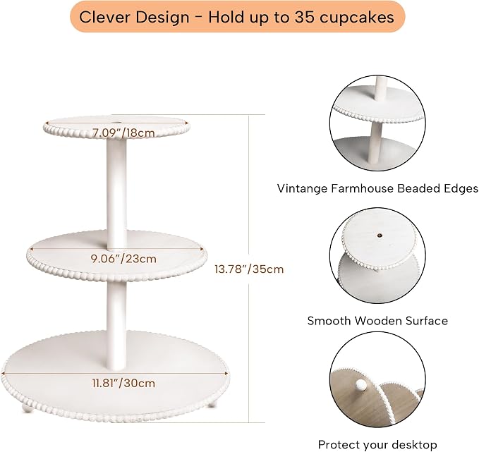 GENMOUS 3 Tier Beaded Cupcake Stand for Farmhouse Wedding Decor, Rustic Wood Cupcake Tower Holder for 24 Cupcakes, White Three Tiered Serving Tray Dessert Display Stand for Birthday Party Baby Shower