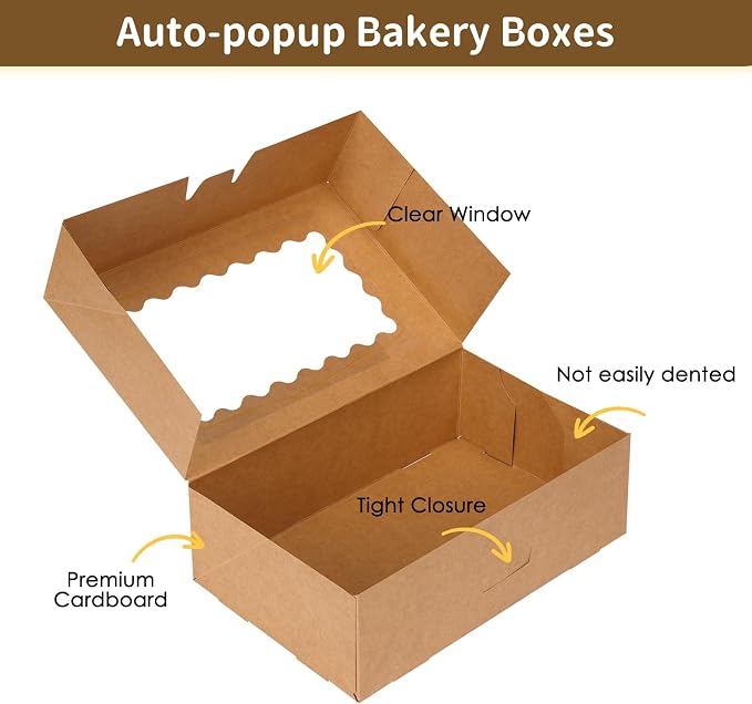 Moretoes 45pcs Cookie Boxes with Window, 9x6x3 Inch Brown Auto-Popup Bakery Boxes, Pastry Containers for Chocolate Covered Strawberries, Candy, Muffins, Donuts