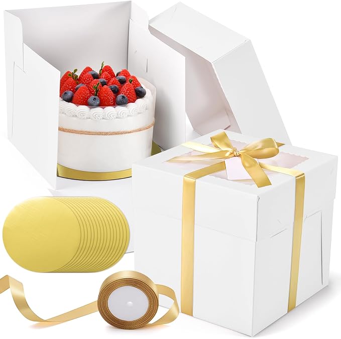 24Pcs 8x8x8 Inch Cake Boxes, 12pcs White Bakery Boxes with Window (12pcs Boards), Square Cake Carrier Container Disposable Pie Boxes Package for Bake Decorating Supplies