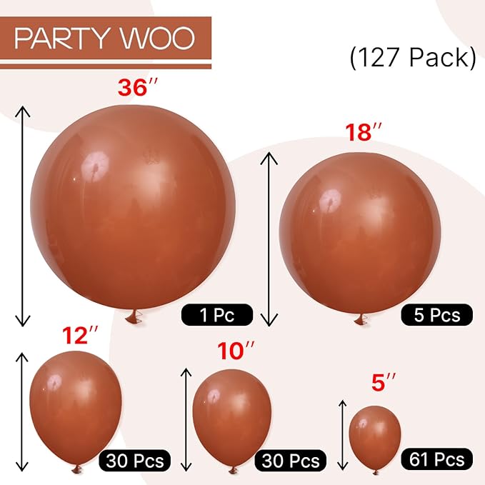 PartyWoo Dark Brown Balloons 127pcs Different Sizes of 36 18 12 10 5 Inch Boho Neutral Coffee Tan Balloon Arch Kit Garland for Birthday Boy Baby Shower Jungle Safari Fall Party Decorations Brown-F08