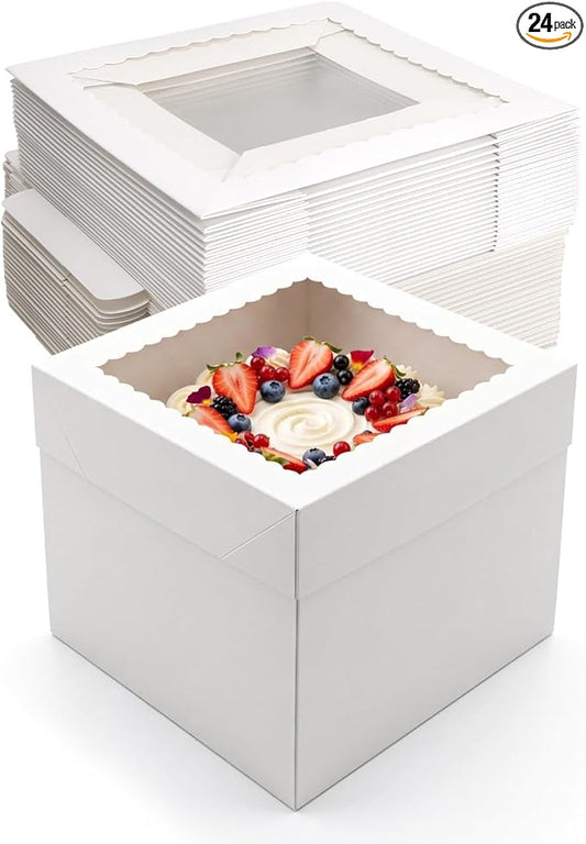 CRUGLA 24 Pack 10x10x10 Cake Boxes, White Bakery Window Boxes, Tall Dessert Carrier for Birthdays, Weddings & Bake Sales