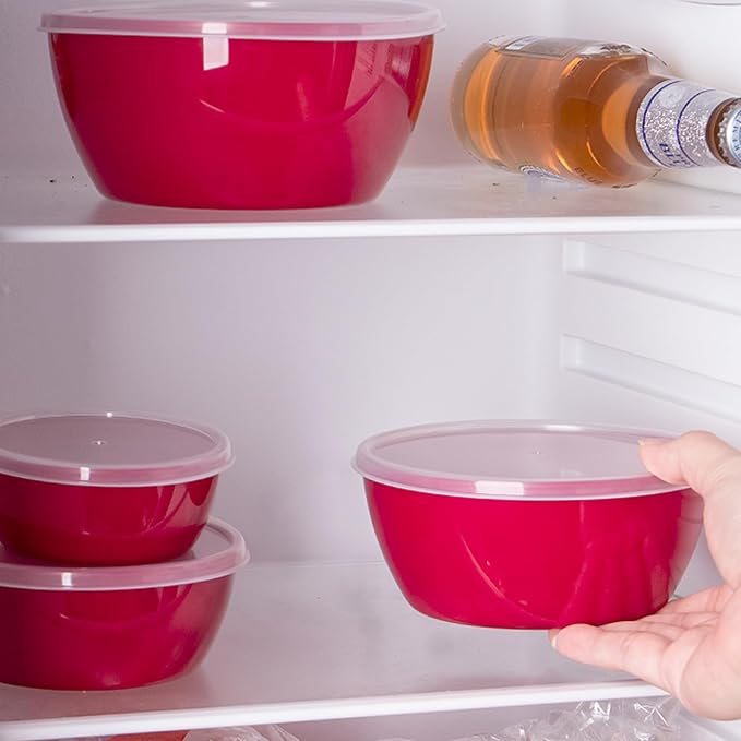 Small Classic Plastic Prep Bowls with Lids, Set of 4, Microwave and Dishwasher Safe (Red)