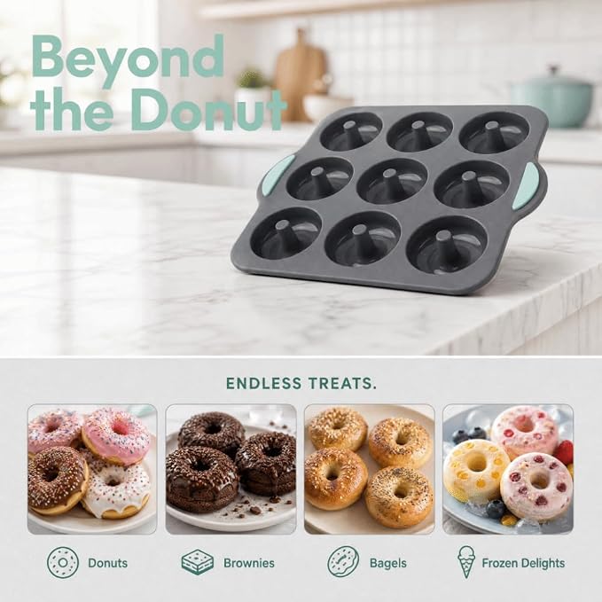 Limen Silicone Donut Baking Mould Tray, 9-Cavity Non-Stick Ring Cake Pan with Center Posts and Dual Side Handles for Oven Baking 11.5x10.12 in(Grey)