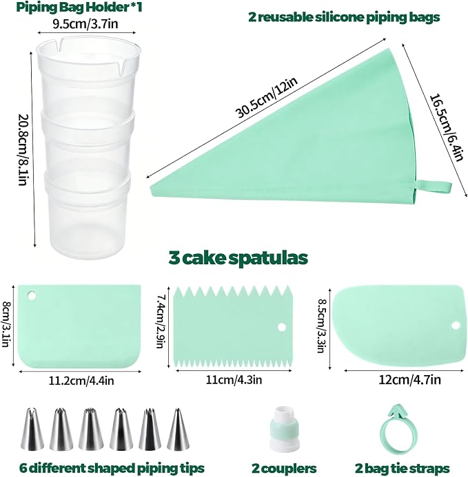 Piping Bag Holder, Plastic Cream Icing Bag Stand With 2 Reusable Silicone Icing Pouches, 6 Tips, 2 Couplers, 3 Cake Spatulas, 2 Tie Straps - Stackable For Cake Decorating And Cream Filling