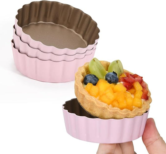 4 Pcs 3.6 Inch Mini Tart Pan Depth 1 Inch with Removable Bottom NonStick Tin - Pink