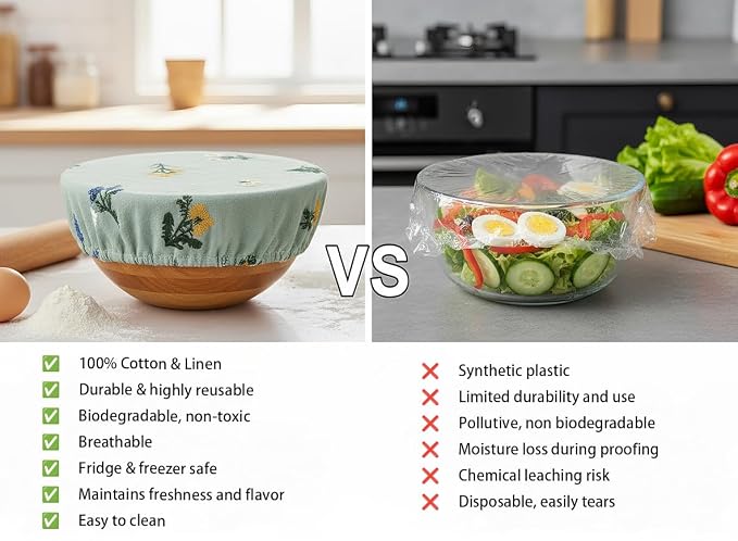 Reusable Bowl Covers (Set of 4) - Breathable Cotton Linen Sourdough Accessories - Elastic Durable Fabric Food Lids for Proofing Baskets & Bread Baking Supplies (Sage Green)