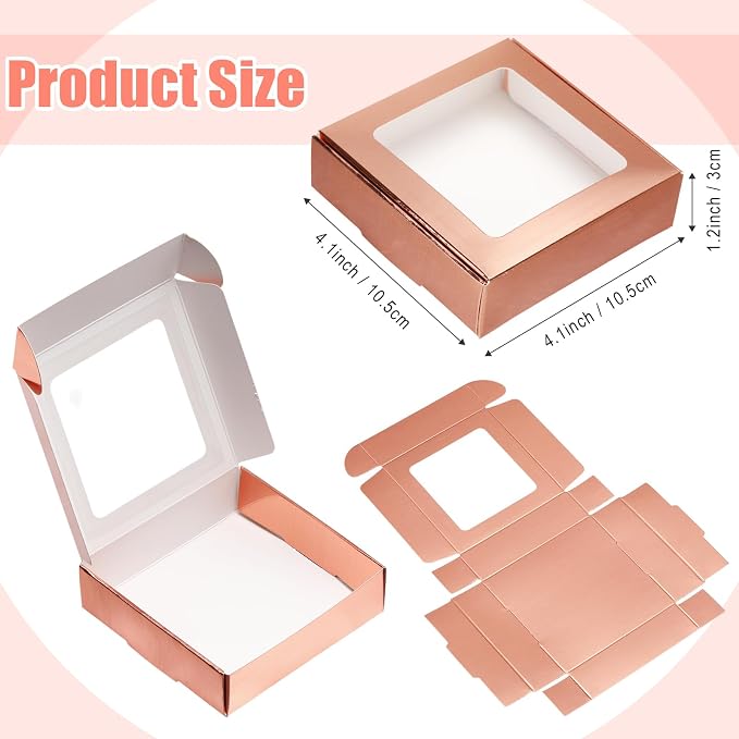 Zonon 30 Pcs Kraft Paper Boxes with Window 4.13 x 4.13 x 1.18 Inch Candy Packaging, Small Gift Boxes, Soap holder, Mini Treat Packaging for Bakery Chocolate Jewelry Display (Rose Gold)