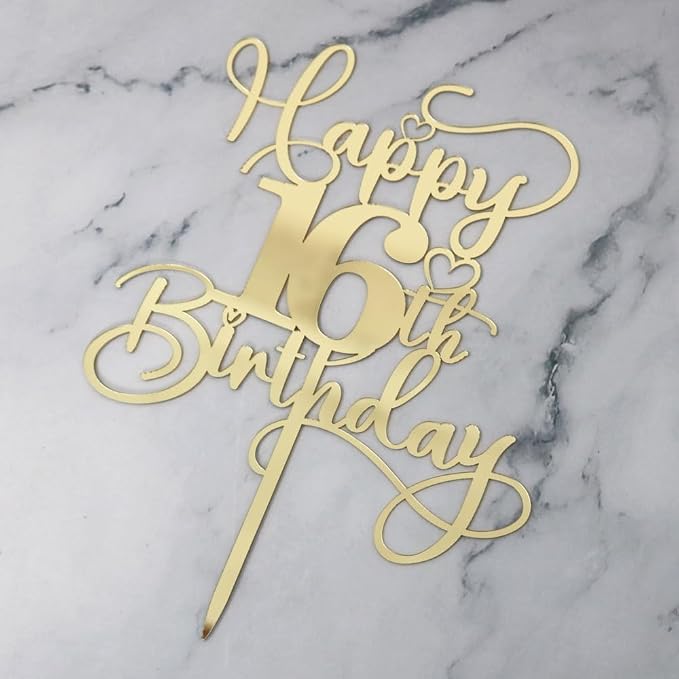 Happy 16th Birthday Cake Topper，Mirrored Gold Acrylic Birthday Topper for Cheers to 16 Years Birthday/Anniversary Party Decoration Ideas, Perfect Keepsake for your family and friends(16th)
