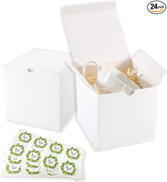 Frantis 24 Pack 3x3x3 Inch White Gift Boxes with Lids, Small Favor Boxes for Party Favors, Candies, Cookies, Christmas, Weddings & Valentine’s Day, Easy to Assemble with Thank You Stickers