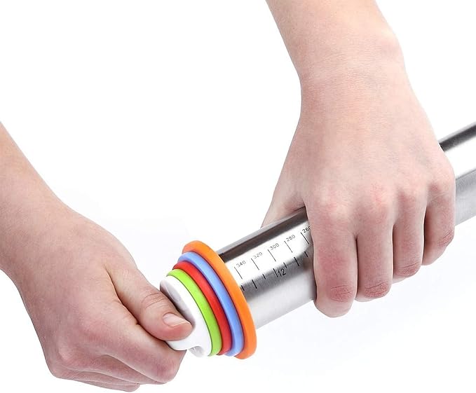 Stainless Steel Rolling Pin for Pizza, Burger Dough Roll - Baking Roller - With Thickness Controller. Adjustable Rolling Pin with Removable Rings 17"