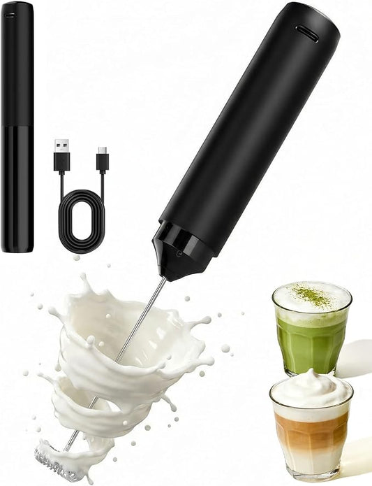 Rechargeable Milk Frother Handheld Electric Coffee Drink Mixer Wand with Stainless Steel Whisk and Portable Case for Cappuccino, Latte, Matcha, Hot Chocolate Black