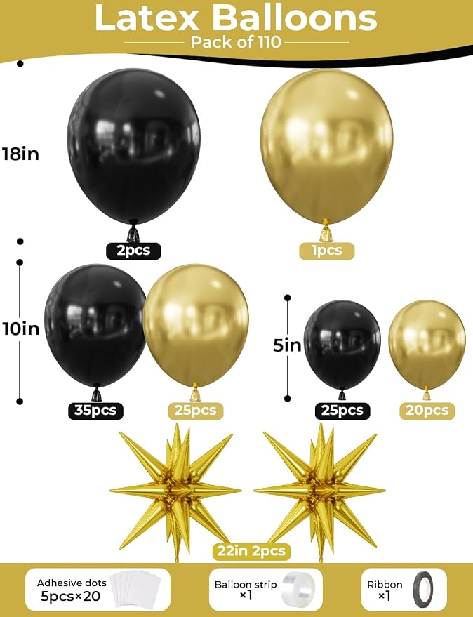 Black and Gold Balloons Arch Garland Kit, 110 Pcs Black Gold and Foil Star Balloon, Fathers Day Balloon arch for Father's Day, Graduation 2026, Birthday, Retirement, Anniversary, Wedding Decor