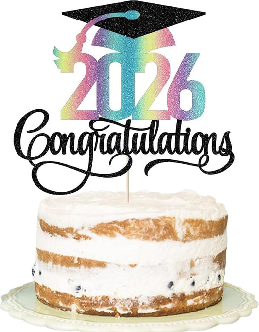 Glitter 2026 Congratulations Graduation Cake Topper,Congrats Grad Cake Decor - 2026 High School/College/Senior Graduation Party Decorations Supplies（Black and color）
