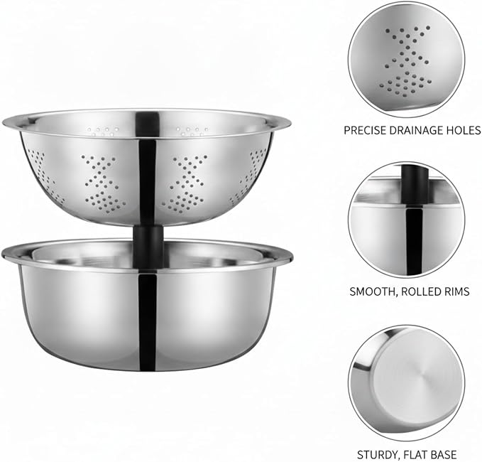 2-Piece Stainless Steel Colander and Bowl Set, Nested Strainer for Washing Veggies, Draining Pasta, and Food Prep (Silver)