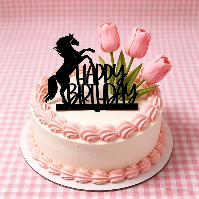 Black Acrylic Horse Happy Birthday Cake Topper, Horse Theme Party Decoration for Boys, Girls, Men, Women & Kids Birthday Party Decoration Supplies (Design2)
