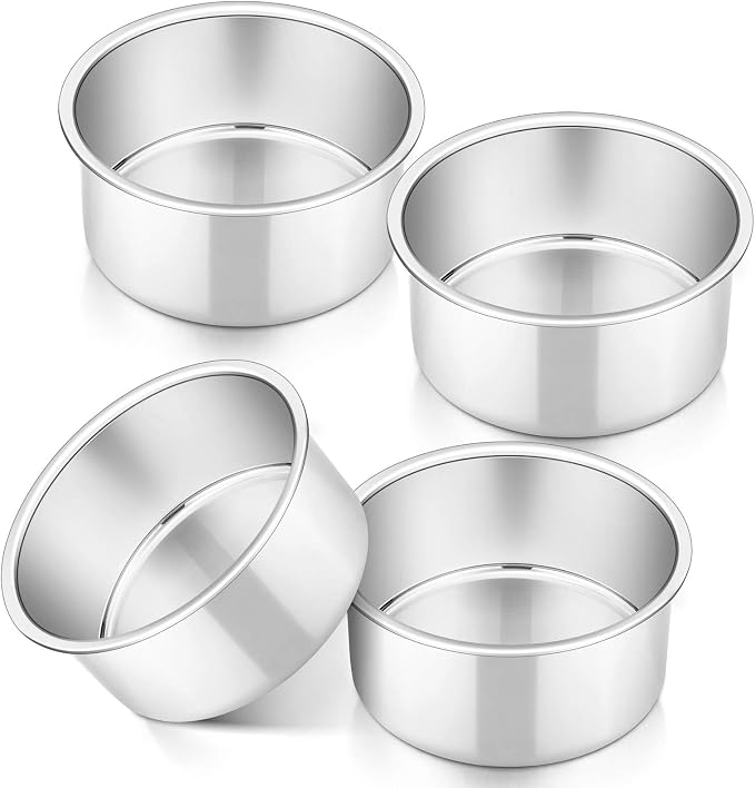 P&P CHEF 4 Inch Cake Pan Set of 4, Stainless Steel Baking Round Cake Pans Tins Bakeware for Birthday Wedding, Leak-proof & Easy Clean, Mirror Finish & Easy Releasing